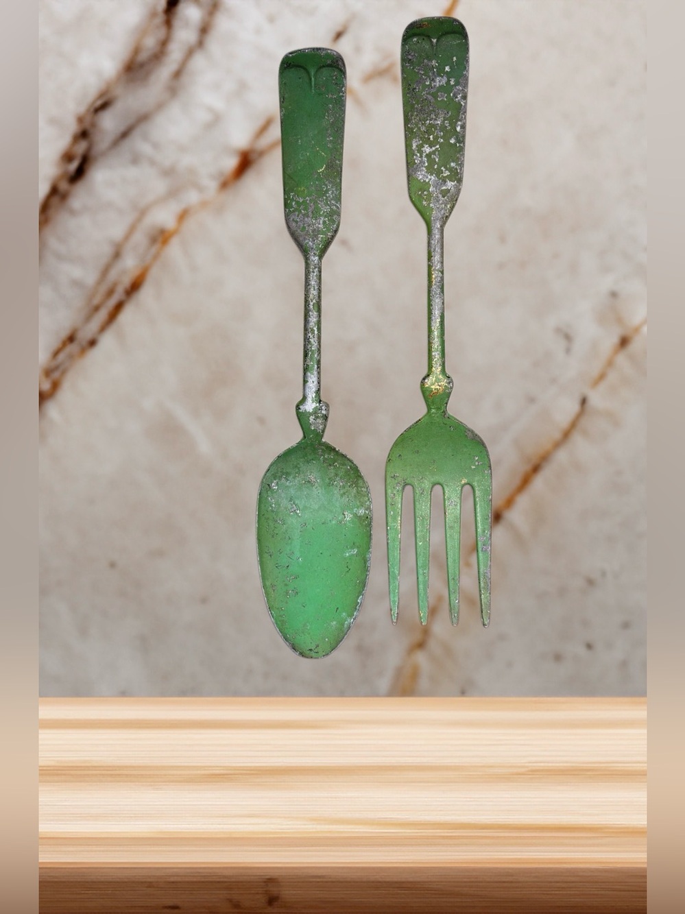 Vintage 1970s Avocado Green Metal Spoon and Fork
Wall Hanging Decor Set 21"